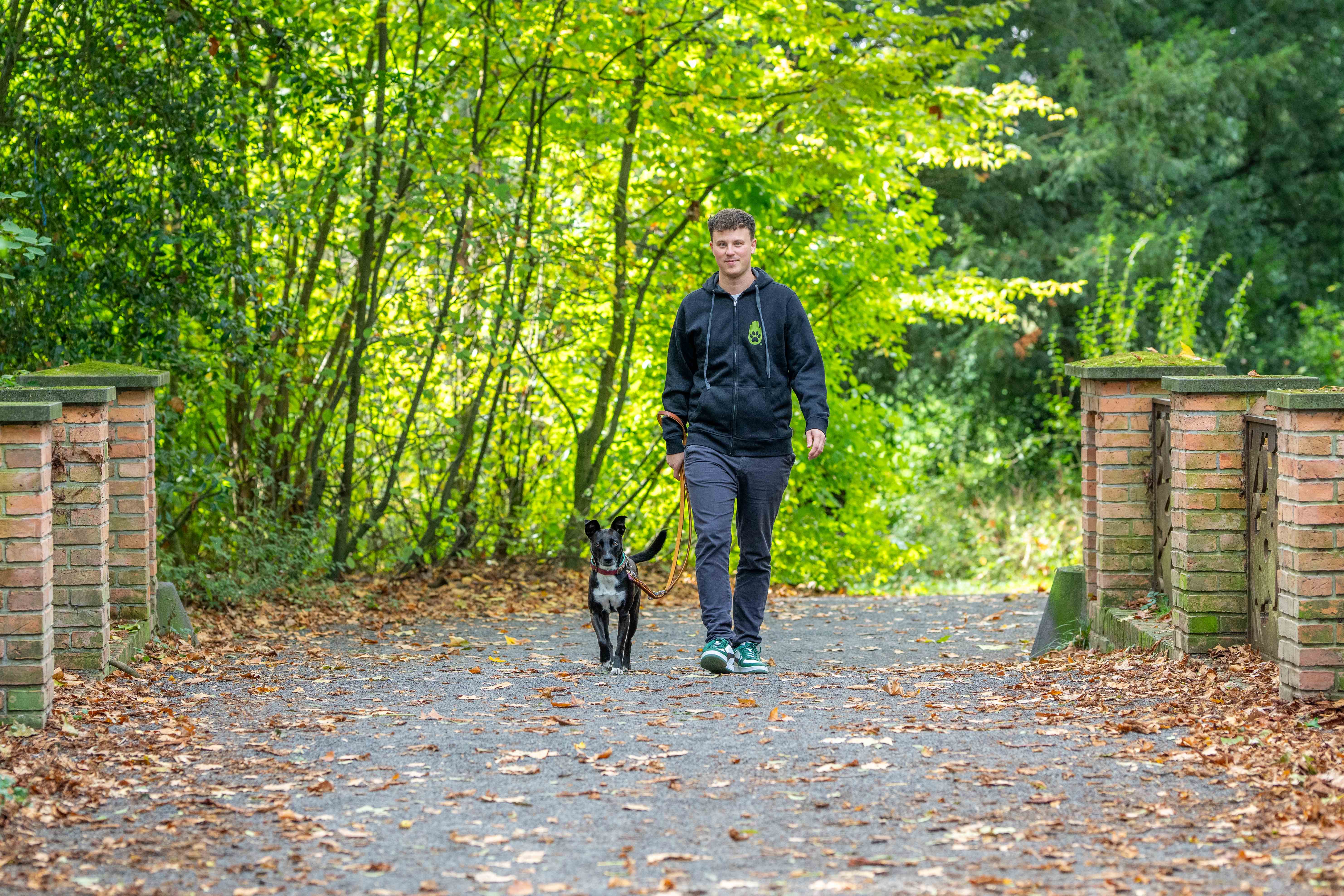Person mit Hund auf Weg